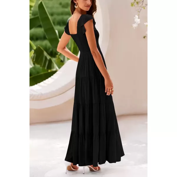 imagePRETTYGARDEN Womens Summer Flowy Maxi Dress Casual Cap Sleeve V Neck Smocked Beach SundressSolid Black