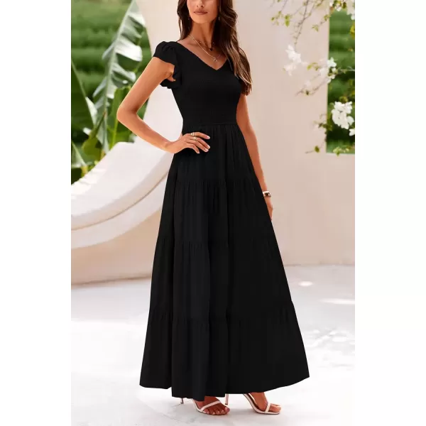 imagePRETTYGARDEN Womens Summer Flowy Maxi Dress Casual Cap Sleeve V Neck Smocked Beach SundressSolid Black