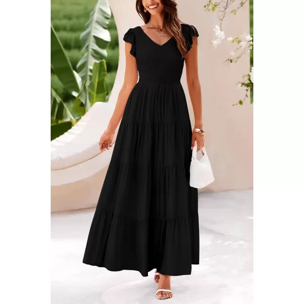 imagePRETTYGARDEN Womens Summer Flowy Maxi Dress Casual Cap Sleeve V Neck Smocked Beach SundressSolid Black