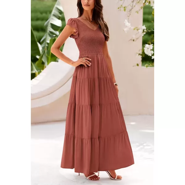 imagePRETTYGARDEN Womens Summer Flowy Maxi Dress Casual Cap Sleeve V Neck Smocked Beach SundressSolid Brick Red
