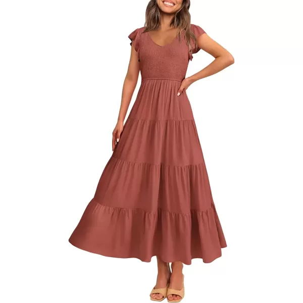 imagePRETTYGARDEN Womens Summer Flowy Maxi Dress Casual Cap Sleeve V Neck Smocked Beach SundressSolid Brick Red