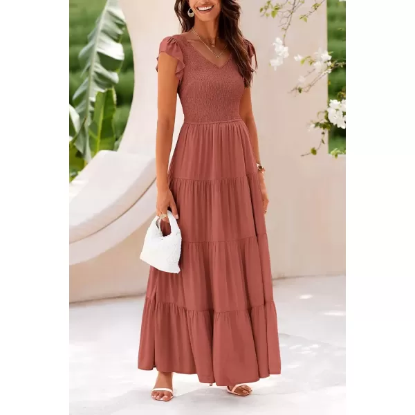imagePRETTYGARDEN Womens Summer Flowy Maxi Dress Casual Cap Sleeve V Neck Smocked Beach SundressSolid Brick Red