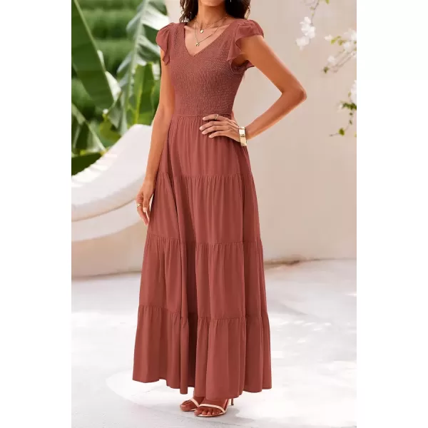 imagePRETTYGARDEN Womens Summer Flowy Maxi Dress Casual Cap Sleeve V Neck Smocked Beach SundressSolid Brick Red