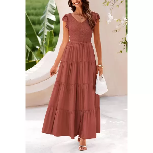 imagePRETTYGARDEN Womens Summer Flowy Maxi Dress Casual Cap Sleeve V Neck Smocked Beach SundressSolid Brick Red
