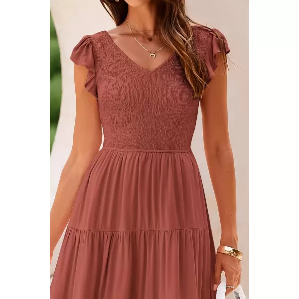 imagePRETTYGARDEN Womens Summer Flowy Maxi Dress Casual Cap Sleeve V Neck Smocked Beach SundressSolid Brick Red