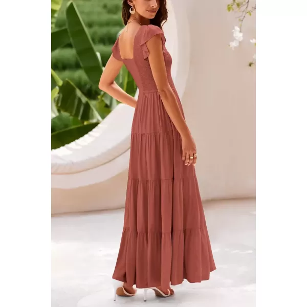 imagePRETTYGARDEN Womens Summer Flowy Maxi Dress Casual Cap Sleeve V Neck Smocked Beach SundressSolid Brick Red
