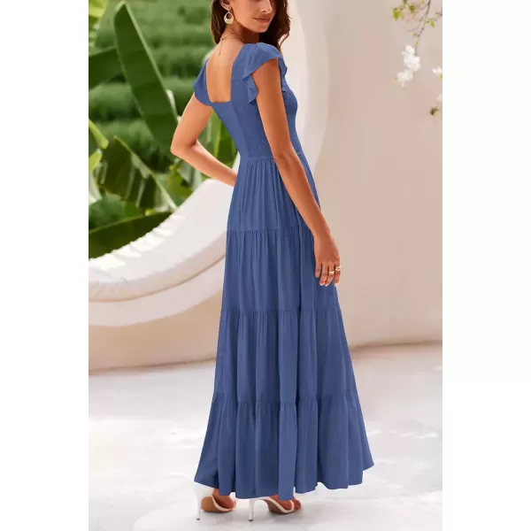 imagePRETTYGARDEN Womens Summer Flowy Maxi Dress Casual Cap Sleeve V Neck Smocked Beach SundressSolid Grey Blue