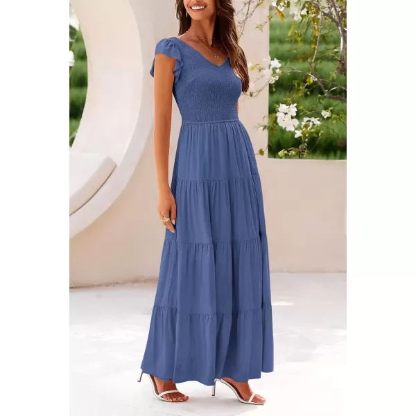 imagePRETTYGARDEN Womens Summer Flowy Maxi Dress Casual Cap Sleeve V Neck Smocked Beach SundressSolid Grey Blue