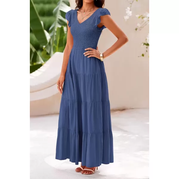 imagePRETTYGARDEN Womens Summer Flowy Maxi Dress Casual Cap Sleeve V Neck Smocked Beach SundressSolid Grey Blue