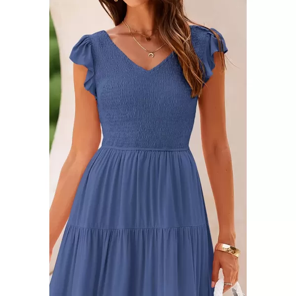 imagePRETTYGARDEN Womens Summer Flowy Maxi Dress Casual Cap Sleeve V Neck Smocked Beach SundressSolid Grey Blue