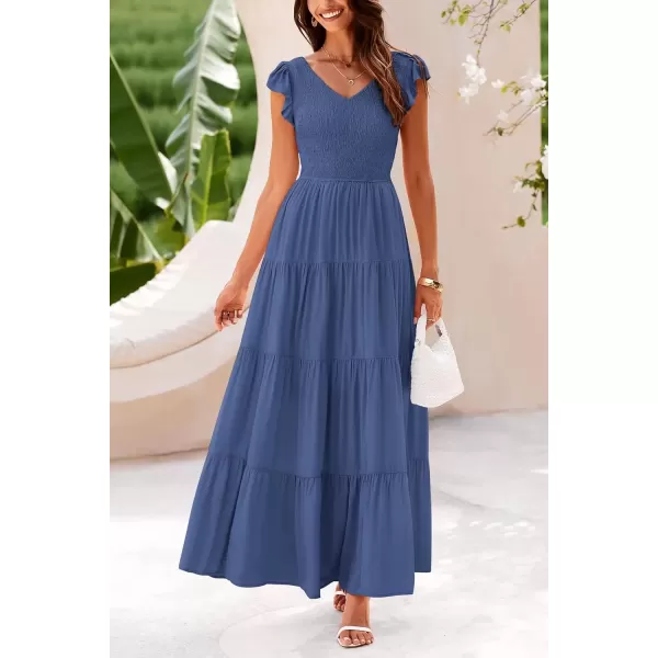 imagePRETTYGARDEN Womens Summer Flowy Maxi Dress Casual Cap Sleeve V Neck Smocked Beach SundressSolid Grey Blue