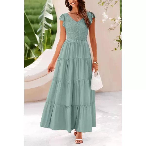 imagePRETTYGARDEN Womens Summer Flowy Maxi Dress Casual Cap Sleeve V Neck Smocked Beach SundressSolid Grey Green