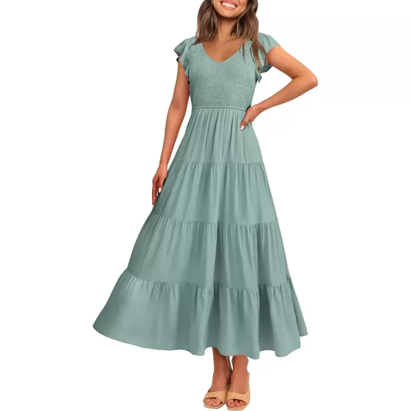 imagePRETTYGARDEN Womens Summer Flowy Maxi Dress Casual Cap Sleeve V Neck Smocked Beach SundressSolid Grey Green