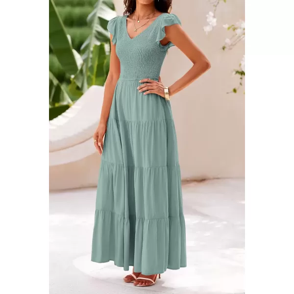 imagePRETTYGARDEN Womens Summer Flowy Maxi Dress Casual Cap Sleeve V Neck Smocked Beach SundressSolid Grey Green