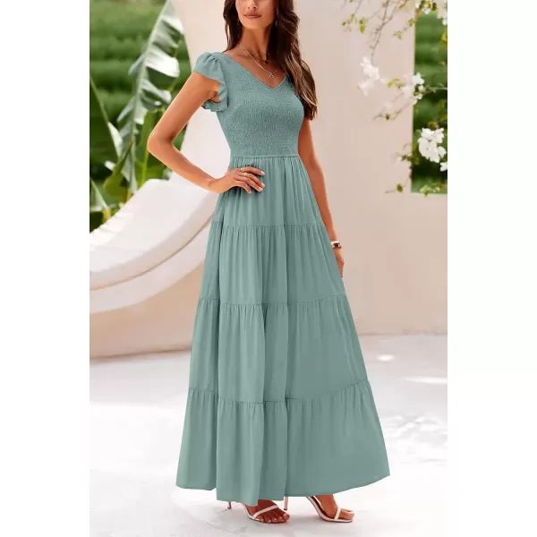 imagePRETTYGARDEN Womens Summer Flowy Maxi Dress Casual Cap Sleeve V Neck Smocked Beach SundressSolid Grey Green