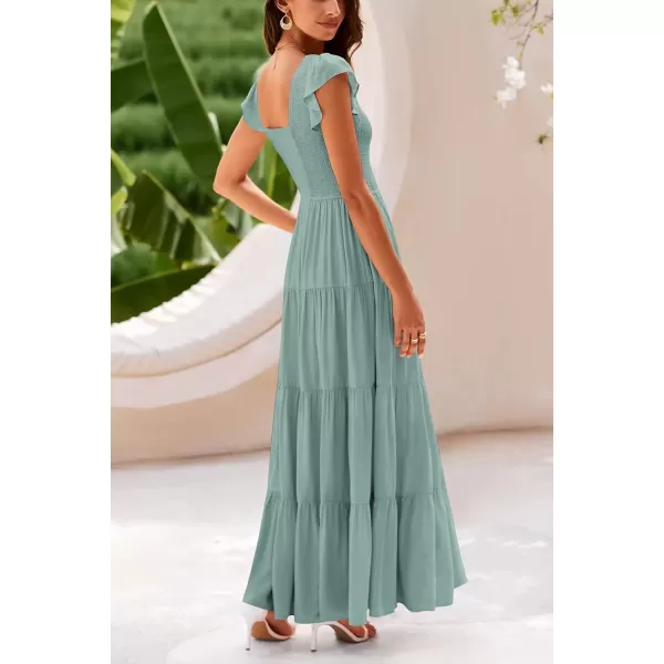 imagePRETTYGARDEN Womens Summer Flowy Maxi Dress Casual Cap Sleeve V Neck Smocked Beach SundressSolid Grey Green