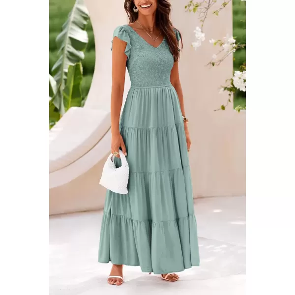 imagePRETTYGARDEN Womens Summer Flowy Maxi Dress Casual Cap Sleeve V Neck Smocked Beach SundressSolid Grey Green