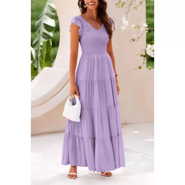 imagePRETTYGARDEN Womens Summer Flowy Maxi Dress Casual Cap Sleeve V Neck Smocked Beach SundressSolid Grey Purple