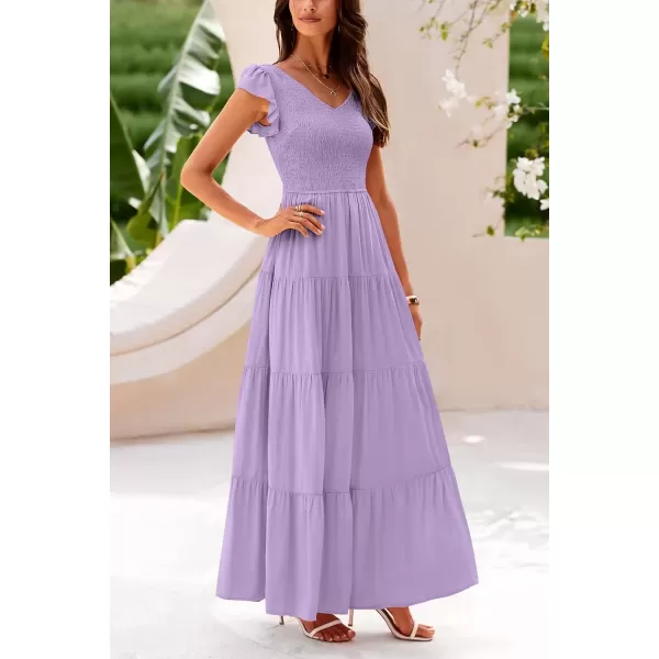 imagePRETTYGARDEN Womens Summer Flowy Maxi Dress Casual Cap Sleeve V Neck Smocked Beach SundressSolid Grey Purple