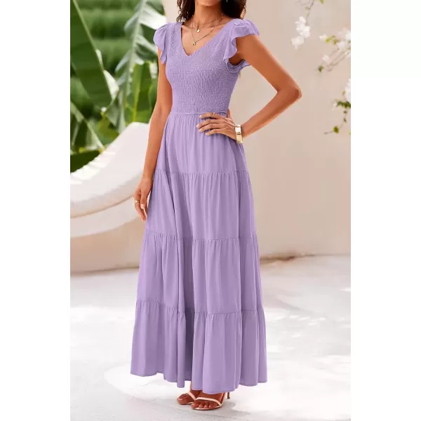 imagePRETTYGARDEN Womens Summer Flowy Maxi Dress Casual Cap Sleeve V Neck Smocked Beach SundressSolid Grey Purple