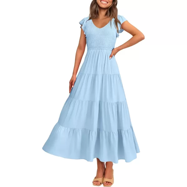 imagePRETTYGARDEN Womens Summer Flowy Maxi Dress Casual Cap Sleeve V Neck Smocked Beach SundressSolid Light Blue