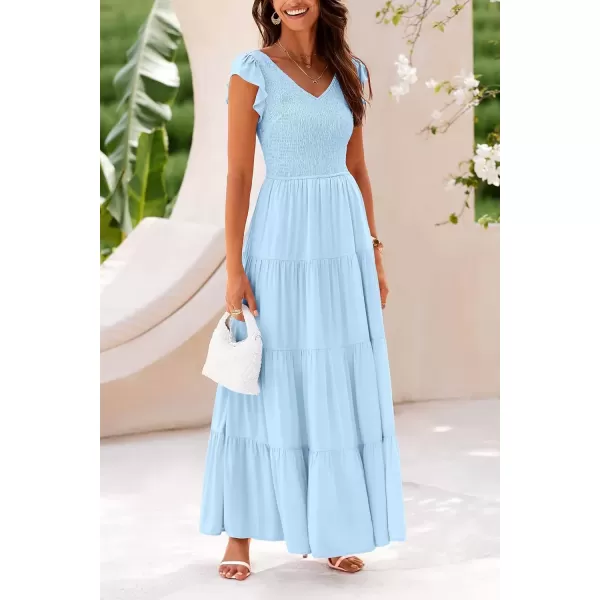 imagePRETTYGARDEN Womens Summer Flowy Maxi Dress Casual Cap Sleeve V Neck Smocked Beach SundressSolid Light Blue