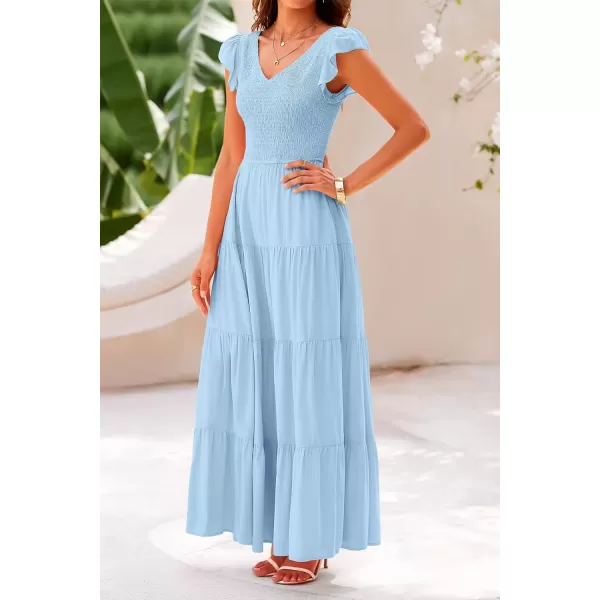 imagePRETTYGARDEN Womens Summer Flowy Maxi Dress Casual Cap Sleeve V Neck Smocked Beach SundressSolid Light Blue
