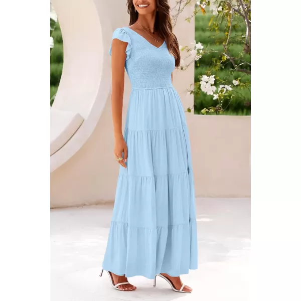 imagePRETTYGARDEN Womens Summer Flowy Maxi Dress Casual Cap Sleeve V Neck Smocked Beach SundressSolid Light Blue