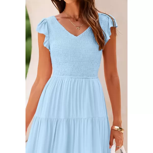 imagePRETTYGARDEN Womens Summer Flowy Maxi Dress Casual Cap Sleeve V Neck Smocked Beach SundressSolid Light Blue