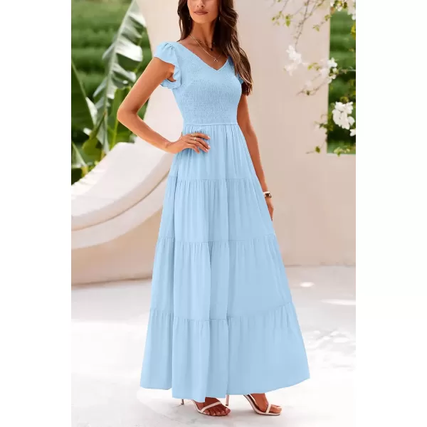 imagePRETTYGARDEN Womens Summer Flowy Maxi Dress Casual Cap Sleeve V Neck Smocked Beach SundressSolid Light Blue