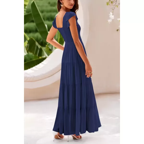 imagePRETTYGARDEN Womens Summer Flowy Maxi Dress Casual Cap Sleeve V Neck Smocked Beach SundressSolid Navy
