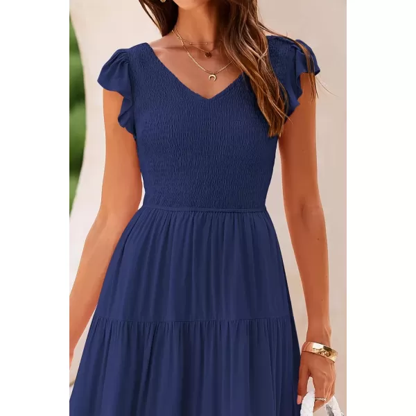 imagePRETTYGARDEN Womens Summer Flowy Maxi Dress Casual Cap Sleeve V Neck Smocked Beach SundressSolid Navy
