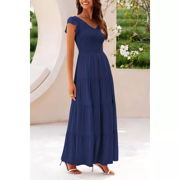 imagePRETTYGARDEN Womens Summer Flowy Maxi Dress Casual Cap Sleeve V Neck Smocked Beach SundressSolid Navy