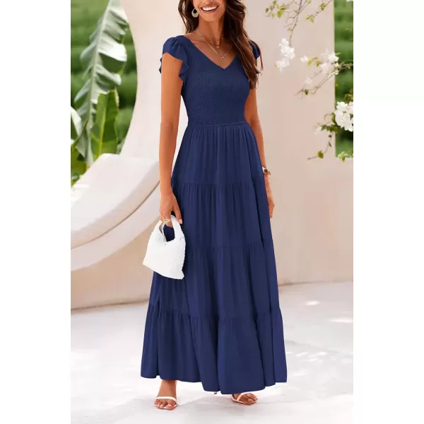 imagePRETTYGARDEN Womens Summer Flowy Maxi Dress Casual Cap Sleeve V Neck Smocked Beach SundressSolid Navy