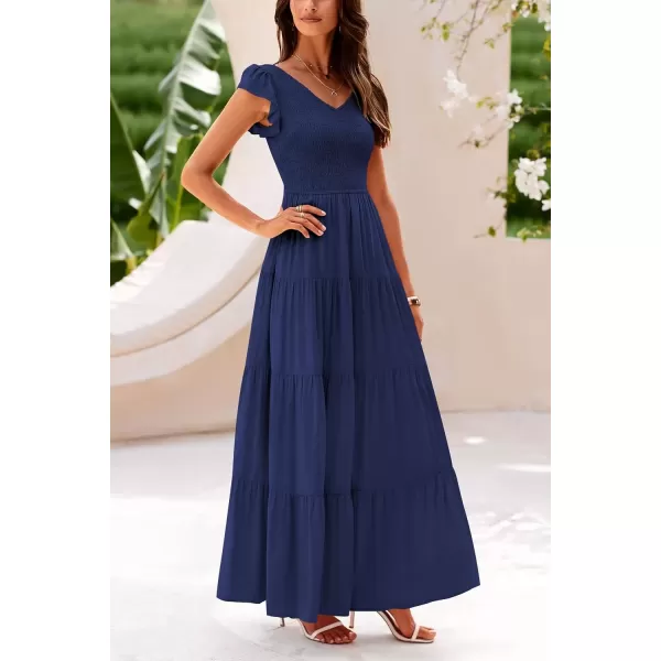 imagePRETTYGARDEN Womens Summer Flowy Maxi Dress Casual Cap Sleeve V Neck Smocked Beach SundressSolid Navy