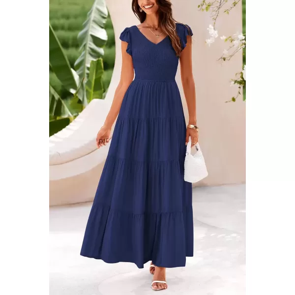 imagePRETTYGARDEN Womens Summer Flowy Maxi Dress Casual Cap Sleeve V Neck Smocked Beach SundressSolid Navy