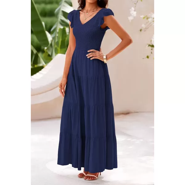 imagePRETTYGARDEN Womens Summer Flowy Maxi Dress Casual Cap Sleeve V Neck Smocked Beach SundressSolid Navy