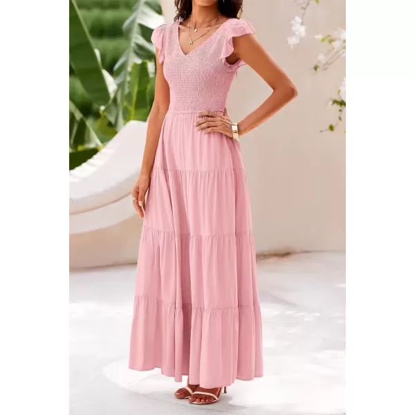 imagePRETTYGARDEN Womens Summer Flowy Maxi Dress Casual Cap Sleeve V Neck Smocked Beach SundressSolid Pink