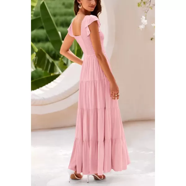 imagePRETTYGARDEN Womens Summer Flowy Maxi Dress Casual Cap Sleeve V Neck Smocked Beach SundressSolid Pink