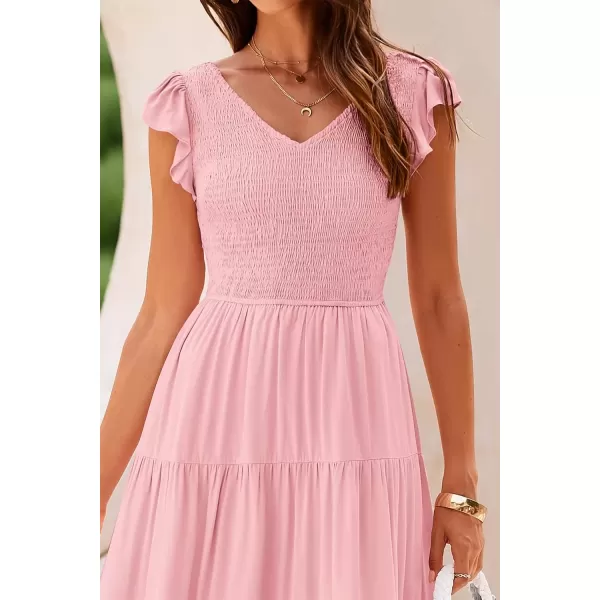 imagePRETTYGARDEN Womens Summer Flowy Maxi Dress Casual Cap Sleeve V Neck Smocked Beach SundressSolid Pink