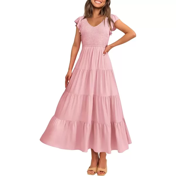 imagePRETTYGARDEN Womens Summer Flowy Maxi Dress Casual Cap Sleeve V Neck Smocked Beach SundressSolid Pink
