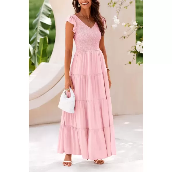 imagePRETTYGARDEN Womens Summer Flowy Maxi Dress Casual Cap Sleeve V Neck Smocked Beach SundressSolid Pink