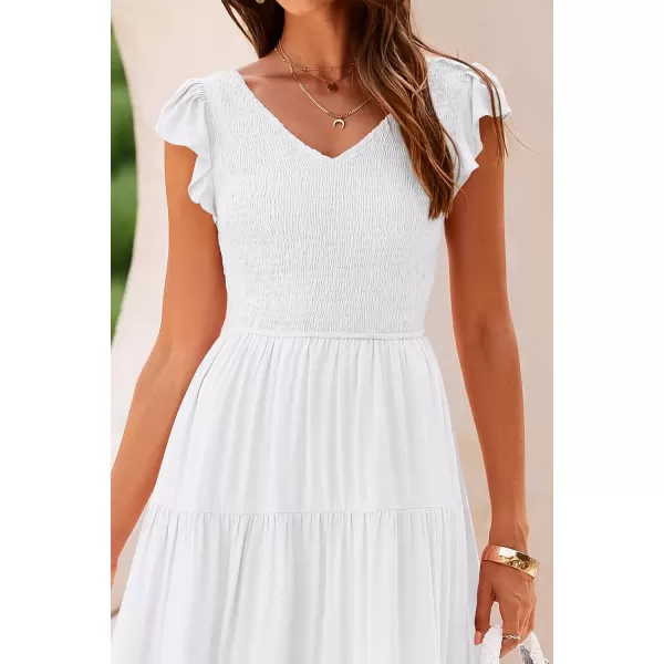 imagePRETTYGARDEN Womens Summer Flowy Maxi Dress Casual Cap Sleeve V Neck Smocked Beach SundressSolid White