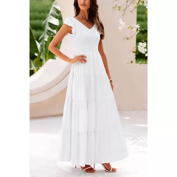 imagePRETTYGARDEN Womens Summer Flowy Maxi Dress Casual Cap Sleeve V Neck Smocked Beach SundressSolid White