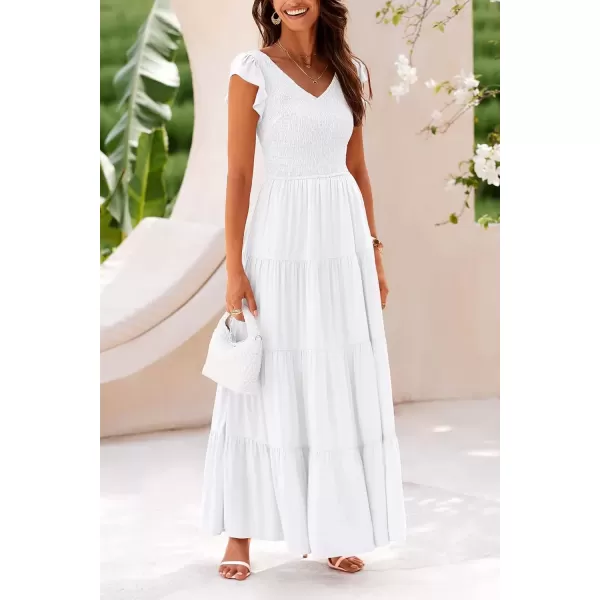 imagePRETTYGARDEN Womens Summer Flowy Maxi Dress Casual Cap Sleeve V Neck Smocked Beach SundressSolid White