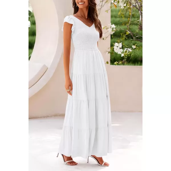 imagePRETTYGARDEN Womens Summer Flowy Maxi Dress Casual Cap Sleeve V Neck Smocked Beach SundressSolid White