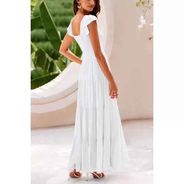 imagePRETTYGARDEN Womens Summer Flowy Maxi Dress Casual Cap Sleeve V Neck Smocked Beach SundressSolid White