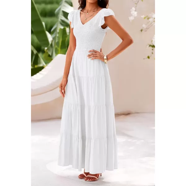 imagePRETTYGARDEN Womens Summer Flowy Maxi Dress Casual Cap Sleeve V Neck Smocked Beach SundressSolid White