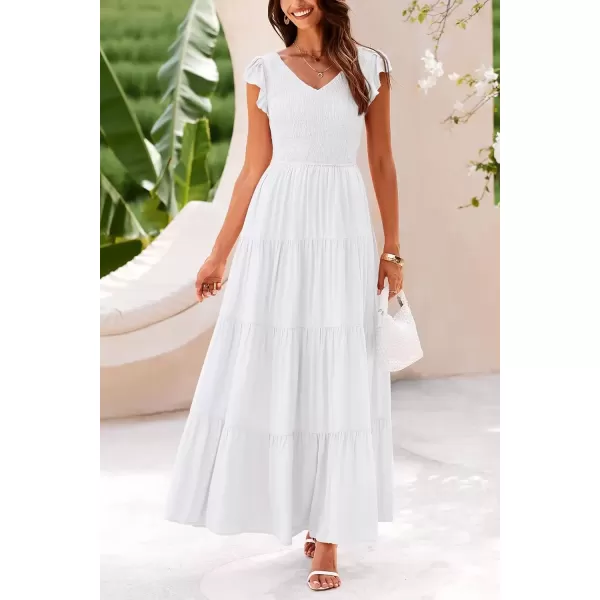 imagePRETTYGARDEN Womens Summer Flowy Maxi Dress Casual Cap Sleeve V Neck Smocked Beach SundressSolid White