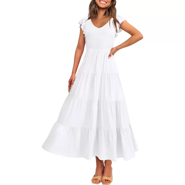 imagePRETTYGARDEN Womens Summer Flowy Maxi Dress Casual Cap Sleeve V Neck Smocked Beach SundressSolid White